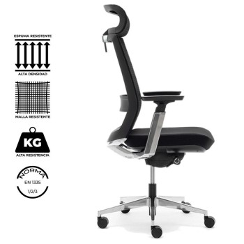Sillón XXL de dirección. Respaldo en malla ultra resistente con soporte lumbar. Con cabezal regulable.