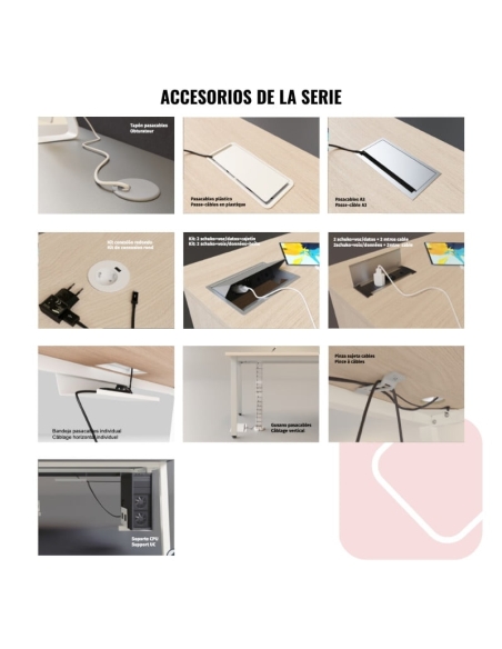 Pasacables, enchufes y accesorios de electrificación mesa oficina Flink