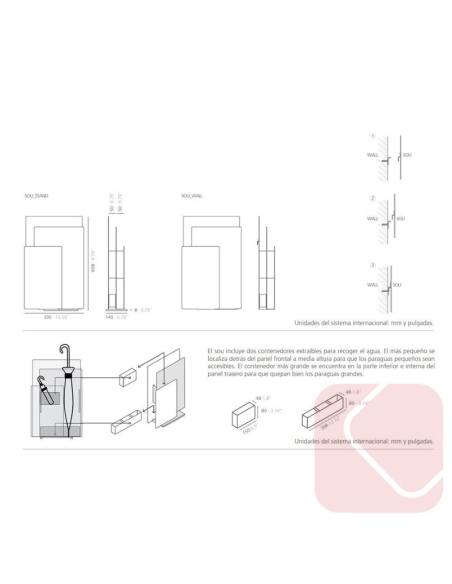 Paragüero Sou de Systemtronic, diseño en acero pintado con recogida de agua y opción de montaje mural o de pie. Paragüero Sou de Systemtronic, diseño en acero pintado con recogida de agua y opción de montaje mural o de pie.