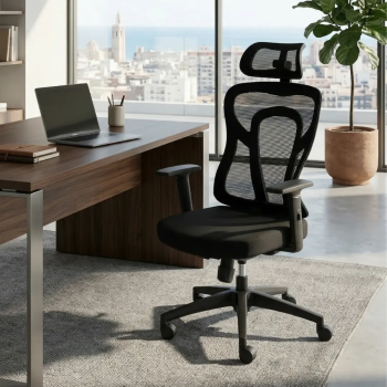 Sillón Cali de oficina con cabezal y respaldo de malla transpirable de Euromof.