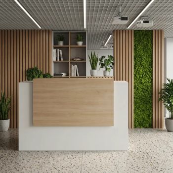 Mostrador modelo Integral con panel decorativo, medidas y colores para recepción.