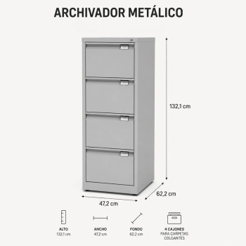 Archivador metálico de 4 cajones para carpetas colgantes | Laoficinaonline
