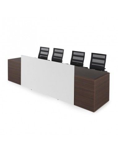 Mesa de ponencias JGorbe en nogal oscuro con panel blanco