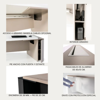 Detalle pasacables mesa despacho G3 de JGorbe en blanco y arena