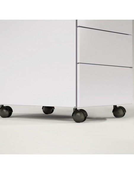 Detalle ruedas de cajonera metálica 3 cajones de Gapsa en blanco