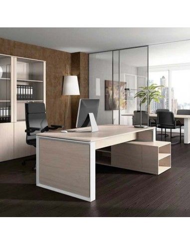 Mesa despacho con mueble auxiliar serie Omega de JGorbe en olmo y blanco
