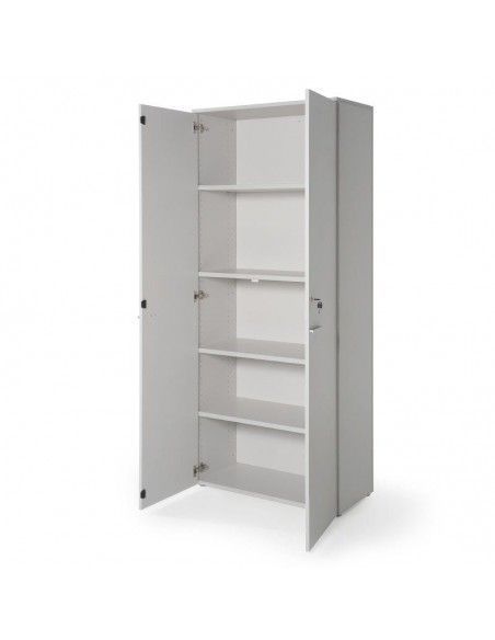 Armario oficina con llave alto de madera de JGorbe con cerradura y estantes en color gris claro