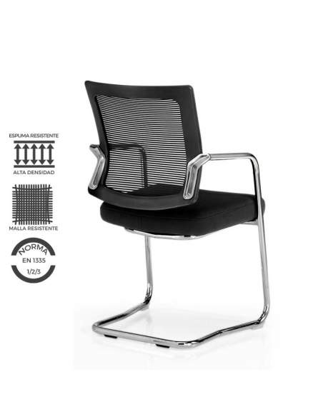 Silla fija confidente modelo Dallas, brazos estructurales y respaldo de malla negra.