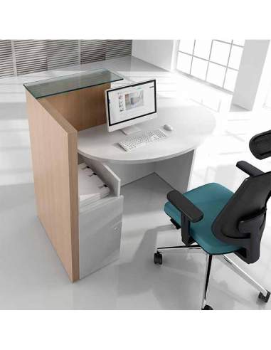 Mostrador Ovo, con armario con cierre de seguridad, repisa de cristal y mesa de atención al cliente.