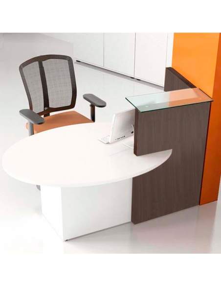 Mostrador de recepción compacto Ovo. Puesto de atención al cliente completo.