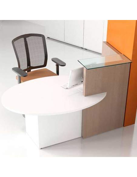 Mesa mostrador modelo Ovo. Con mesa adaptada para atención al cliente. Repisa de cristal. Armario incorporado.