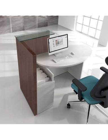 Mostrador de recepción compacto, modelo Ovo. Con mesa de atención y puesto de trabajo. Armario integrado.