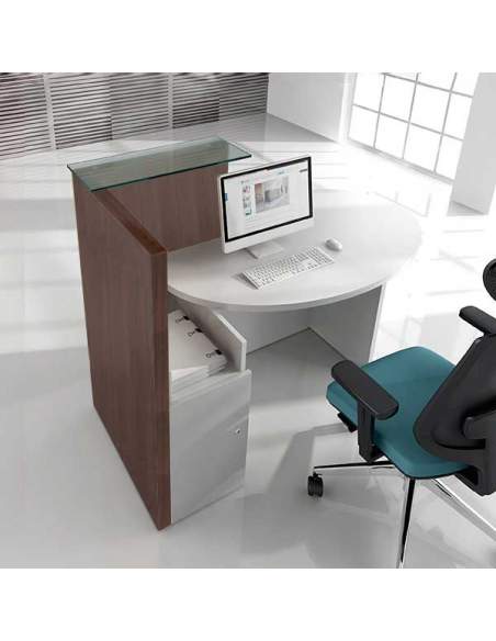 Mostrador de recepción compacto, modelo Ovo. Con mesa de atención y puesto de trabajo. Armario integrado.