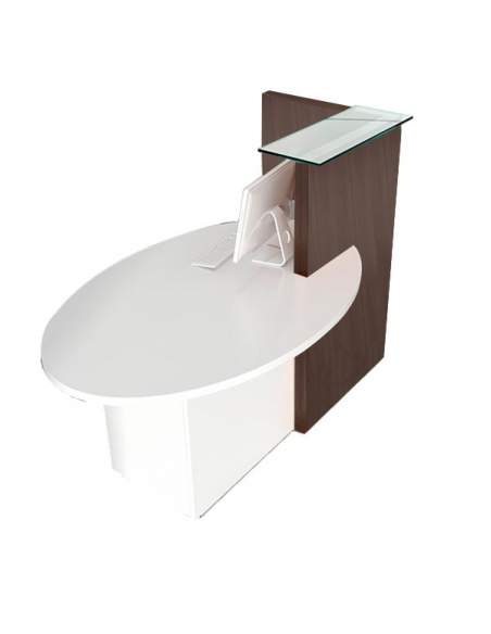 Mostrador recepción pequeño con mesa de atención al cliente, mesa de trabajo, armario integrado, repisa de cristal.