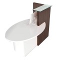 Mostrador recepción pequeño con mesa de atención al cliente, mesa de trabajo, armario integrado, repisa de cristal.