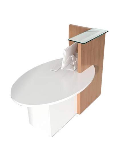 Mostrador compacto Ovo. Con mesa de atención al cliente y armario integrado.