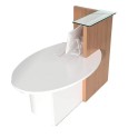 Mostrador compacto Ovo. Con mesa de atención al cliente y armario integrado.