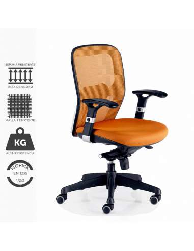 Silla de trabajo ergonómica, modelo Boston. Con brazos regulables y soporte lumbar regulables.Tapizada en naranja.