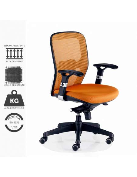 Silla de trabajo ergonómica, modelo Boston. Con brazos regulables y soporte lumbar regulables.Tapizada en naranja.