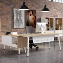 Mesa despacho Organova de Iman con faldón metálico blanco y mueble auxiliar con módulo hueco y 2 módulos cajón