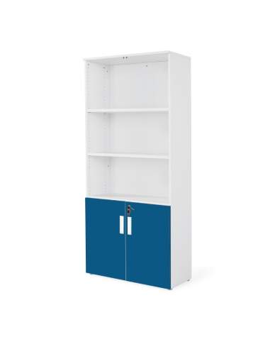 armario oficina de madera con puertas bajas combinado en blanco azul