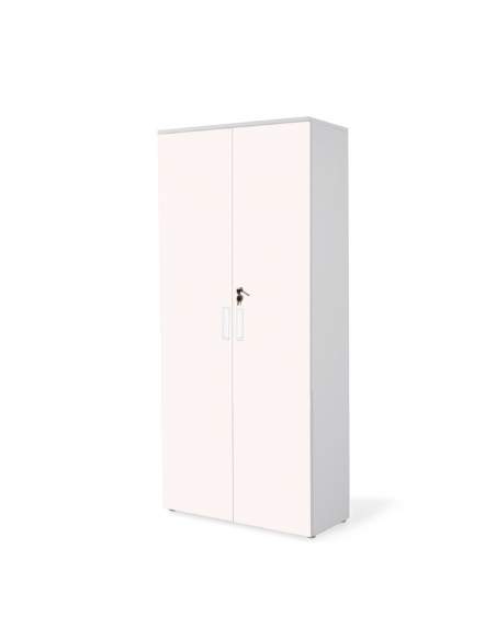 ARMARIO OFICINA ALTO DE MADERA CUERPO GRIS PUERTAS ROSAS